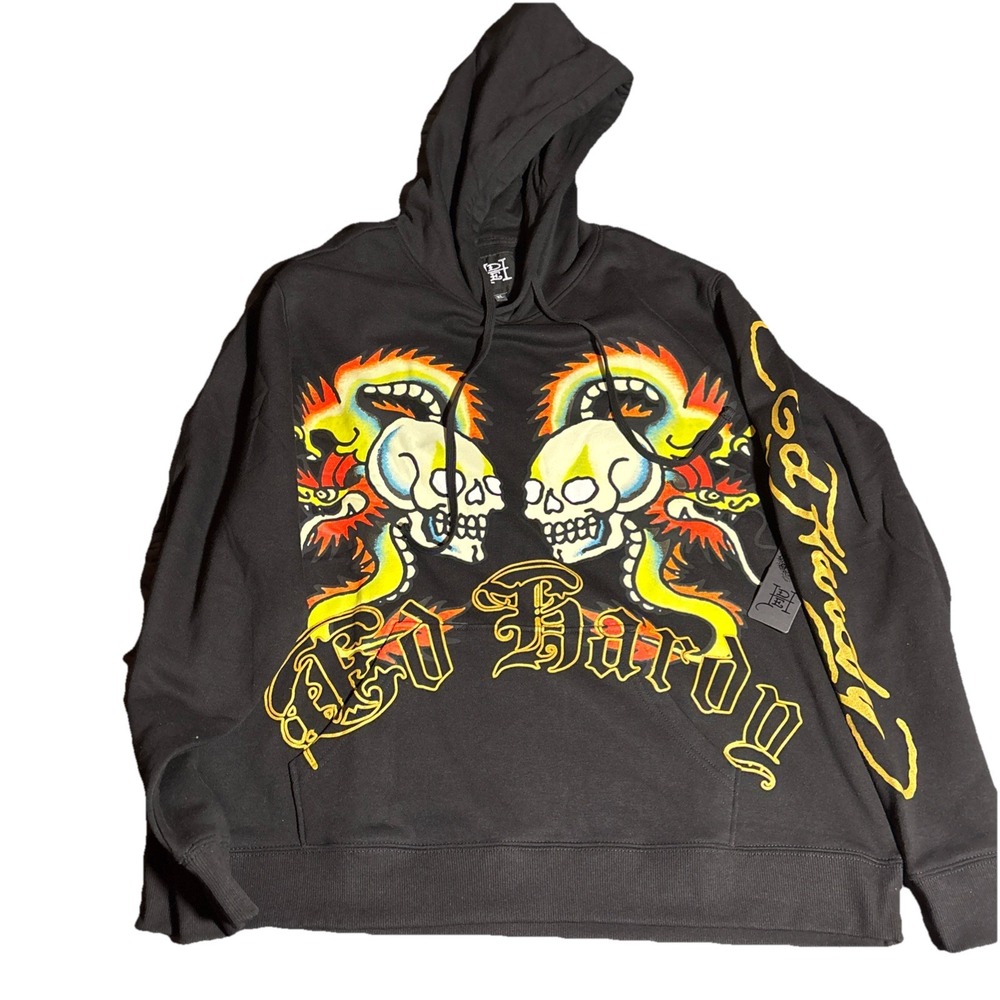 Ed Hardy Hoodie Dragon Skull Gold Metallic‎ Foil Fleece Pullover - Size XL